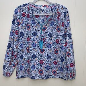 Boden Gauzy Peasant Medallion Print Top - Blue, Red  & White Tassle Tie